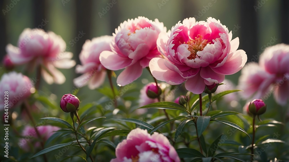 closeup of a peonies on a morning dew forest background closeup of a peonies on a morning dew forest background