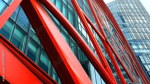 Red skyscraper facade, city, modern architecture, glass, urban, business