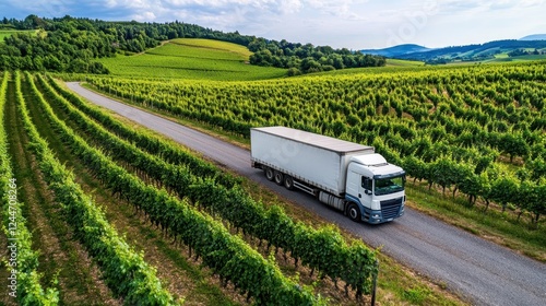 Scenic Vineyard Landscape with Delivery Truck Traveling Through Lush Green Grapevines