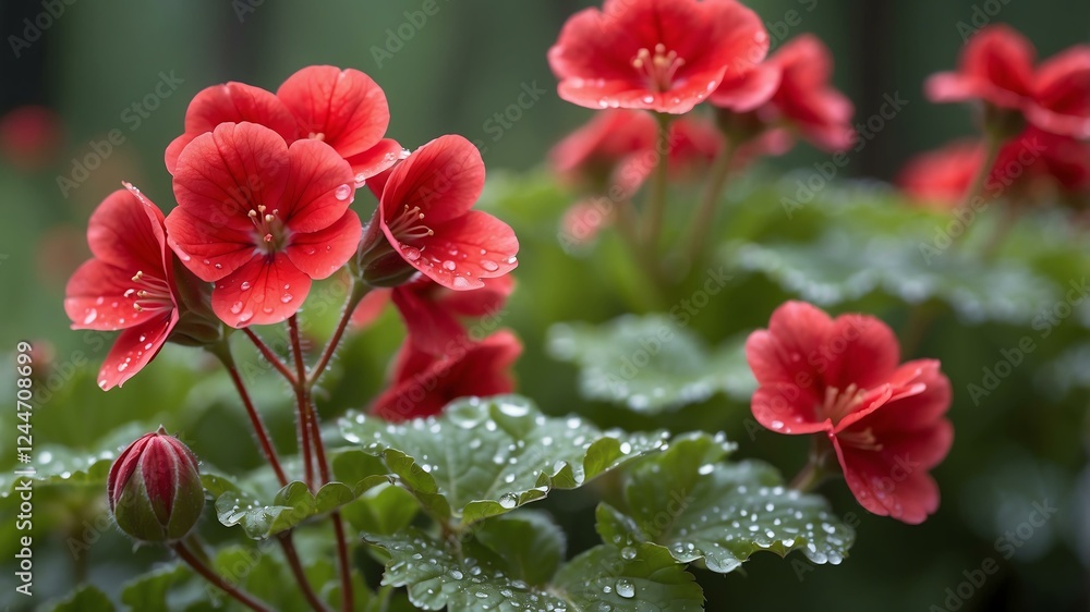 closeup of a geraniums on a morning dew forest background closeup of a geraniums on a morning dew forest background