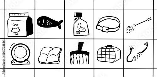 Minimalist Cat Toy and Treats Illustration – Black & White Pet Lover Digital Art