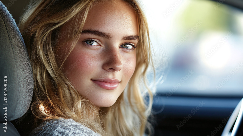 Closeup of the beautiful young woman with blonde hair driving a car on the road, sitting in the automobile interior, looking at the camera and smiling. vehicle travel and transport, summer trip. Closeup of the beautiful young woman with blonde hair driving a car on the road, sitting in the automobile interior, looking at the camera and smiling. vehicle travel and transport, summer trip.
