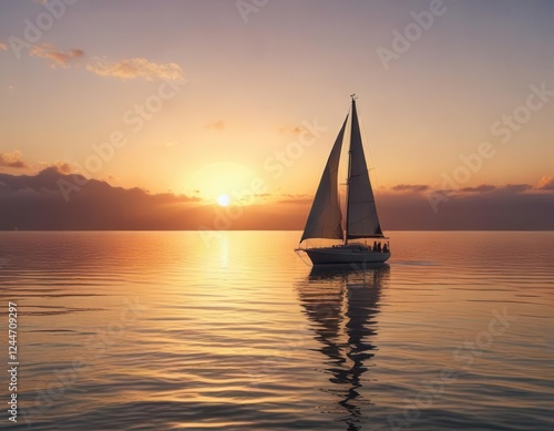 A sailboat gently sailing on a calm sea with the sun setting in the background ,  ocean,  waves,  sea