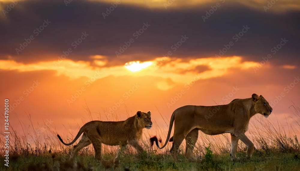Striking Panorama of Lionesses Roaming Grassy Plains in Serengeti Sunset Striking Panorama of Lionesses Roaming Grassy Plains in Serengeti Sunset