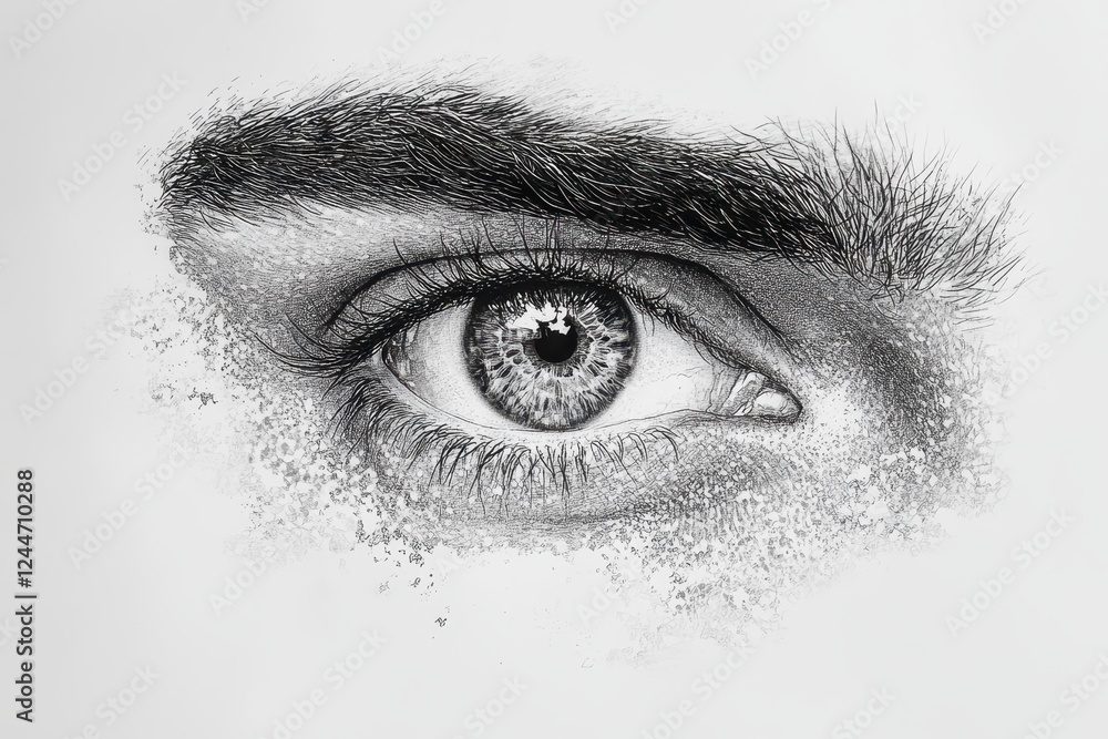 Obraz premium Detailed Black and White Pencil Drawing of a Human Eye with Realistic Textures and Intricate Details Highlighting Features Such as the Pupil, Iris, and Eyelashes in Fine Artistic Style
