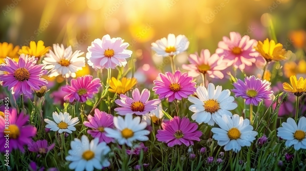 Vibrant Wildflower Field at Sunset - Colorful Daisy Blossom Scene