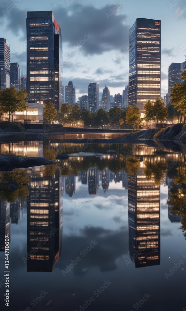 Fototapeta premium A sleek and modern cityscape reflected in a calm lake with a magazine cover on the shore, body of water, architecture, landscape