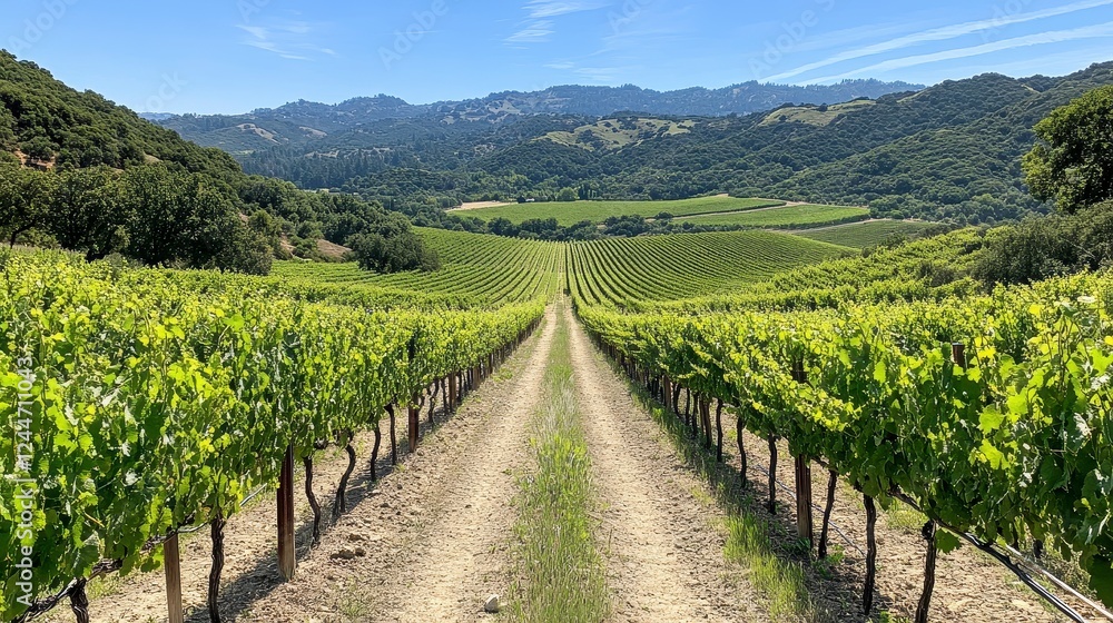 Lush Green Vineyard Rows Leading to Distant Hills Under a Bright Blue Sky Lush Green Vineyard Rows Leading to Distant Hills Under a Bright Blue Sky