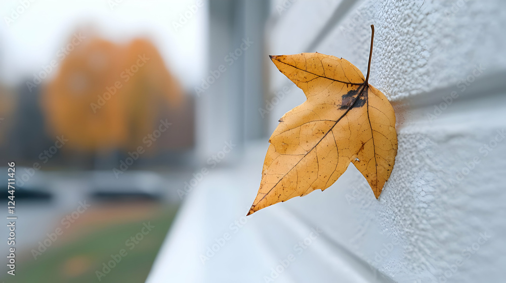 Obraz premium Autumn leaf clinging to white siding, blurred background