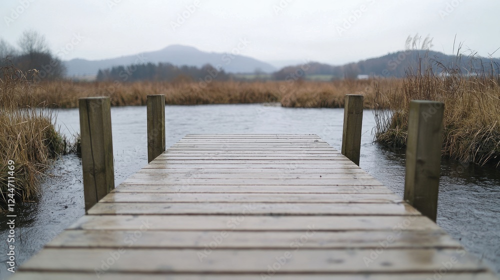 Obraz premium Wooden dock on calm lake, hills in background, autumn day, nature scene
