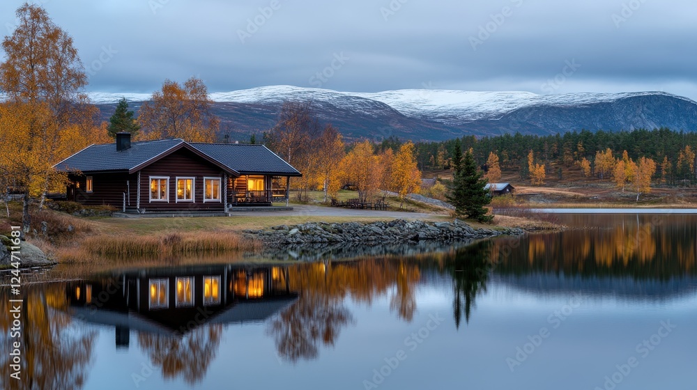Tranquil Autumn Scene at a Lakeside Cabin Surrounded by Colorful Foliage and Mountains Tranquil Autumn Scene at a Lakeside Cabin Surrounded by Colorful Foliage and Mountains