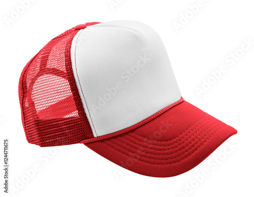 Red and white trucker cap isolated on transparent background. Blank mesh baseball hat for branding and design mockup. Sporty and stylish.