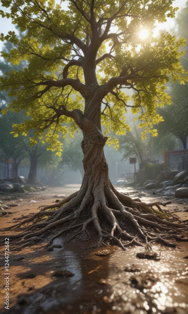 A tree with leaves and roots exposed to the sun and rain, growth, plant life, organic A tree with leaves and roots exposed to the sun and rain, growth, plant life, organic