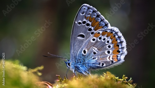 Vivid Alcon Blue Butterfly Fluttering against a Verdant Backdrop Phengaris alcon in a Lush, Natural Habitat Showcasing the Rare Beauty of this Endangered Species photo