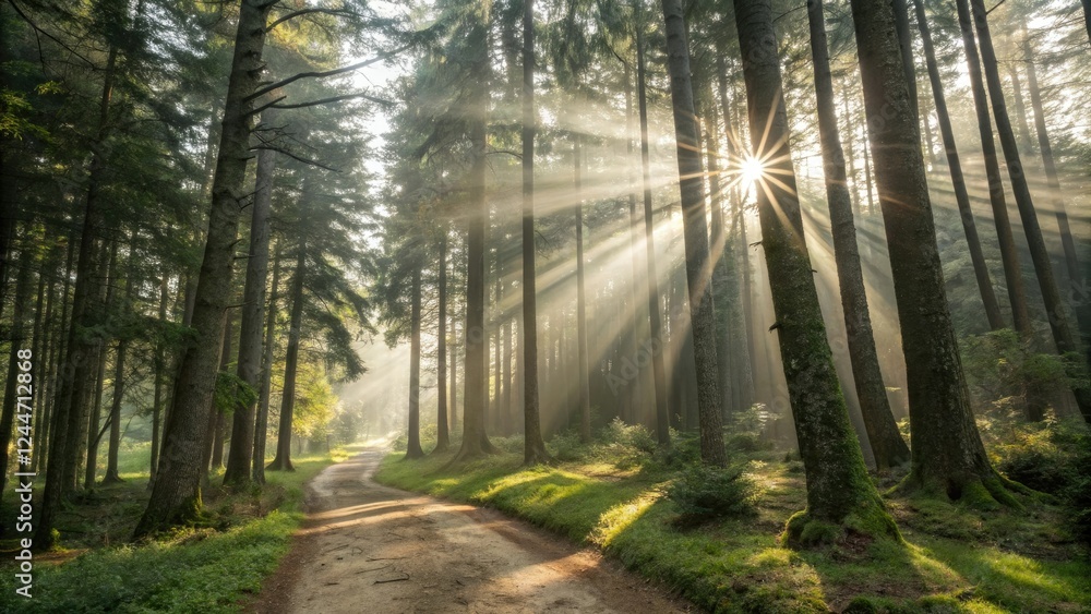 Obraz premium Panorama with sun rays through forest trees, peaceful atmosphere, wooden landscape