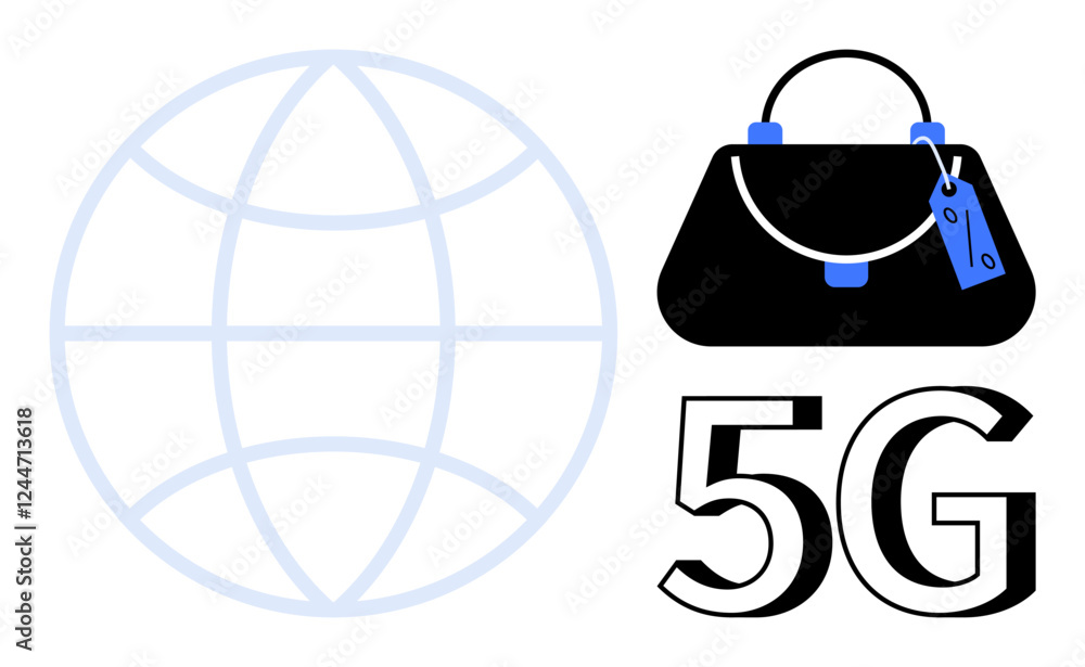 Globe outline, black handbag with blue accents and price tag, and bold 5G letters. Ideal for technology, e-commerce, global communication, 5G network, retail innovation, digital economy modern Globe outline, black handbag with blue accents and price tag, and bold 5G letters. Ideal for technology, e-commerce, global communication, 5G network, retail innovation, digital economy modern
