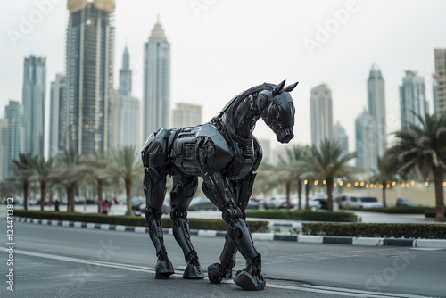 Black Fire Horse Robot Runs Through Dubai photo