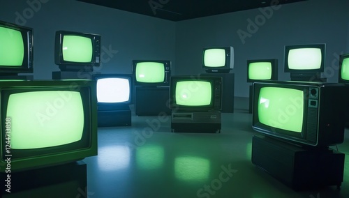 Gallery Installation Retro TVs, Green Screens, Dark Room photo