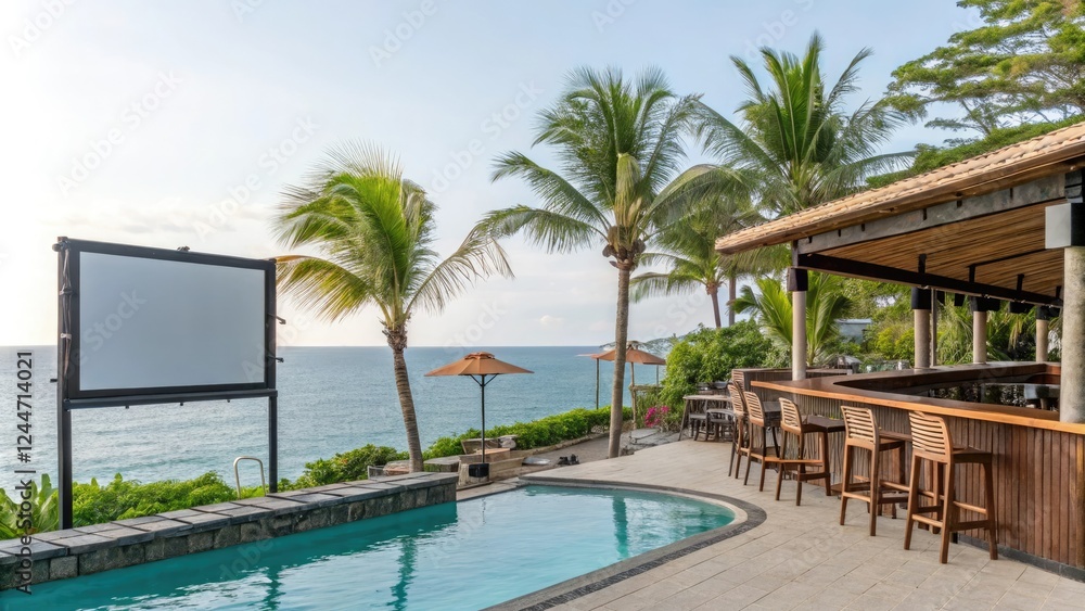 Poolside bar and restaurant with tropical decor and ocean views, restaurant seating, poolside dining, outdoor bar, tropical decor Poolside bar and restaurant with tropical decor and ocean views, restaurant seating, poolside dining, outdoor bar, tropical decor