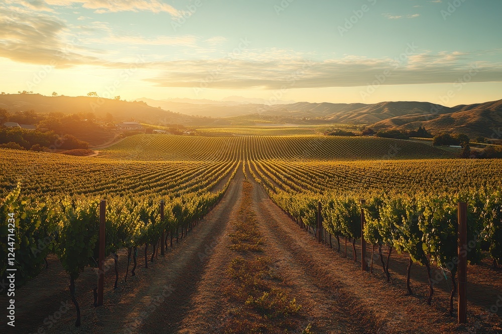 Fototapeta premium Vineyard sunset, rolling hills, agriculture, peaceful landscape