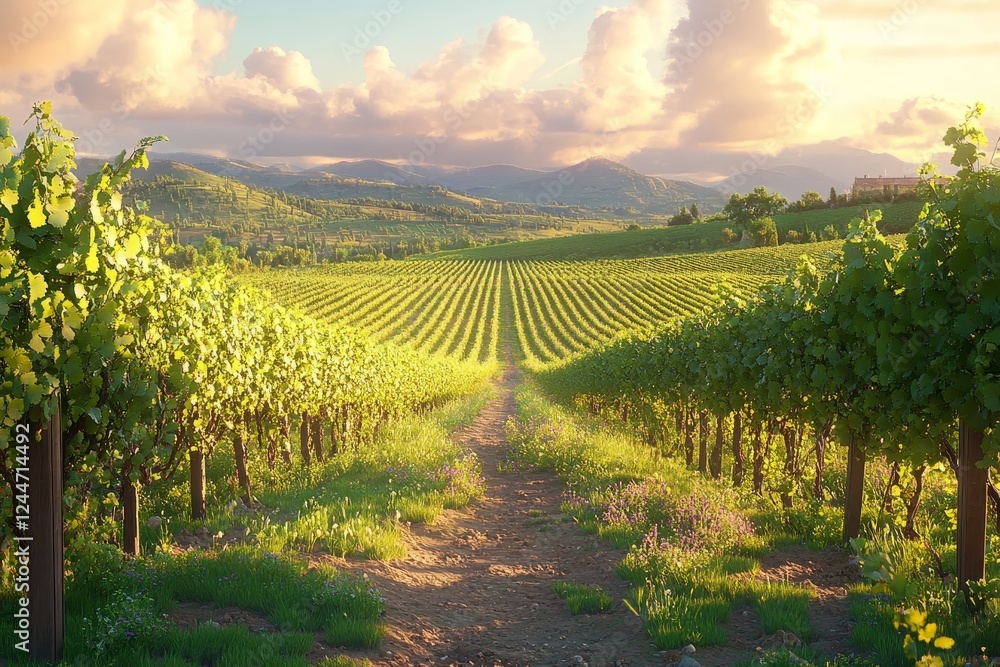 Obraz premium Vineyard sunset, rows of vines, hills, peaceful landscape, wine industry