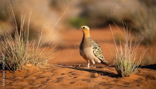 Stunning Pintailed Sandgrouse in Desert Oasis at Dusk, showcasing Warm Sands and Vibrant Feathers against a Backdrop of Setting Sun and Golden Dunes photo