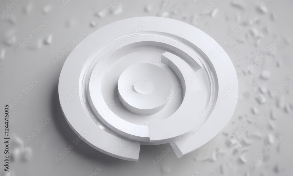Fototapeta premium Abstract geometric shapes forming a circular motion around a central white button, geometric, white, UI component