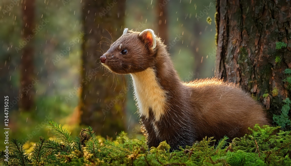 Mystical Pine Marten Amidst a RainSoaked Forest of Fir and Oak Trees in Twilights Waning Glow, Capturing the Magical Mood of a Dampened Wilderness at the Close of Day. Mystical Pine Marten Amidst a RainSoaked Forest of Fir and Oak Trees in Twilights Waning Glow, Capturing the Magical Mood of a Dampened Wilderness at the Close of Day.
