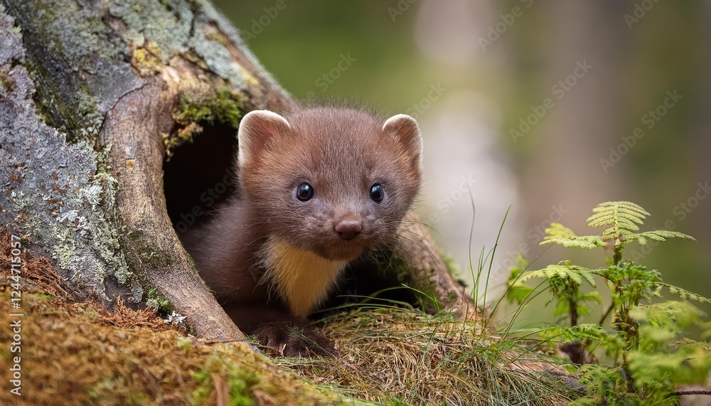 Adorable Pine Marten Kit Peeking from its Den Amidst Dense Forest Folklore at Dawns First Light, Capturing the Enchanting Beauty of Winter Wilderness. Adorable Pine Marten Kit Peeking from its Den Amidst Dense Forest Folklore at Dawns First Light, Capturing the Enchanting Beauty of Winter Wilderness.