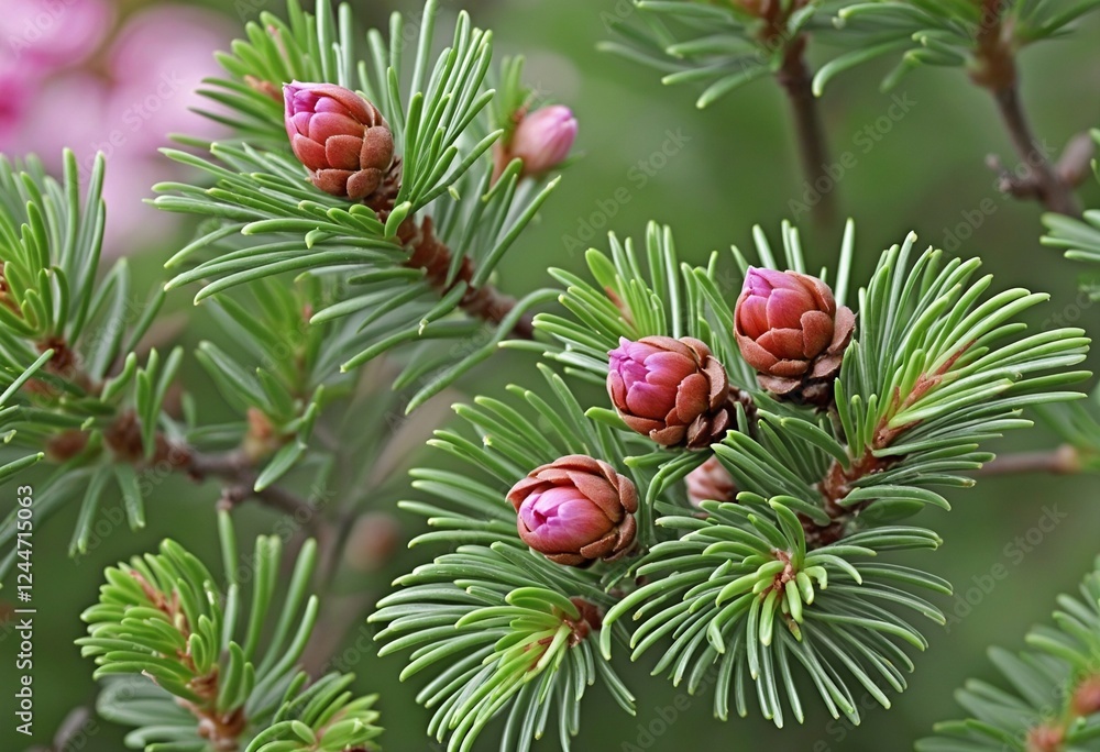 Obraz premium Closeup of Blossoming Spruce Buds in Springtime, Picea abies
