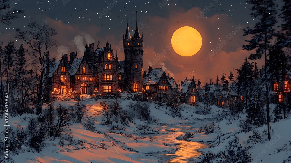 Naklejka premium Cozy cottage surrounded by winter’s moonlit glow pictures