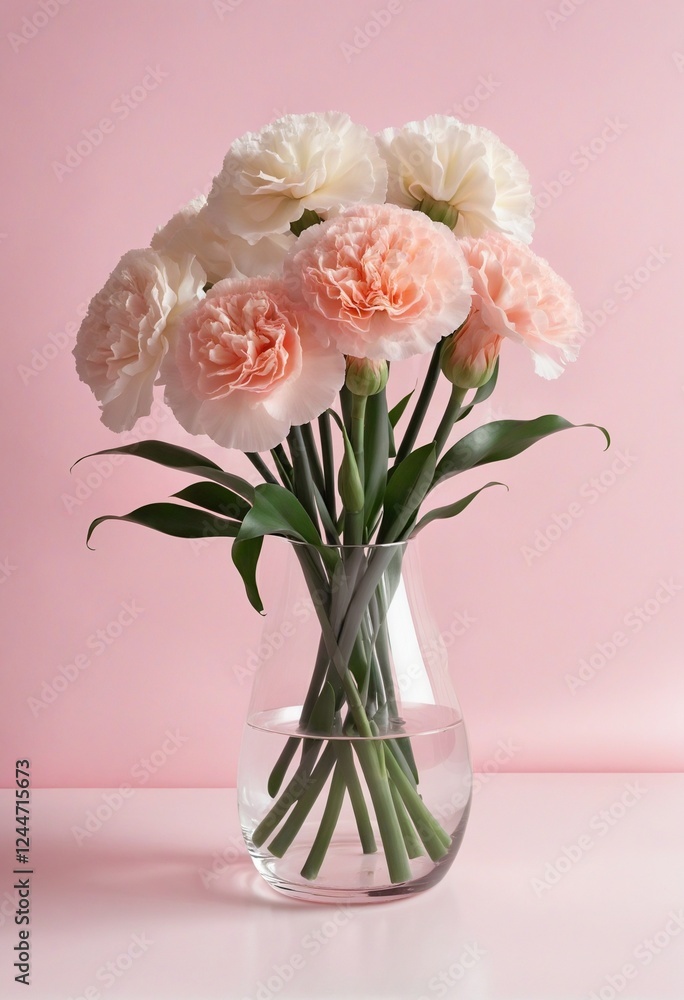Beautiful Carnation Bouquet in Elegant Glass Vase on Soft Pink Background Beautiful Carnation Bouquet in Elegant Glass Vase on Soft Pink Background