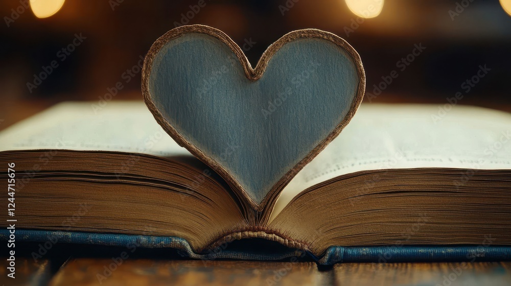 Heart-shaped bookmark in open book, warm lights Heart-shaped bookmark in open book, warm lights
