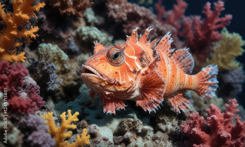 Scorpionfish resting on coral reef with seaweed, underwater scene, marine life, bali coral Scorpionfish resting on coral reef with seaweed, underwater scene, marine life, bali coral