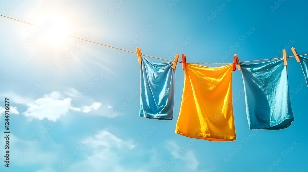A clothesline with bright freshly washed laundry swaying gently in the breeze under a clear cloudless blue sky A peaceful everyday domestic scene of household chores and routine tasks A clothesline with bright freshly washed laundry swaying gently in the breeze under a clear cloudless blue sky A peaceful everyday domestic scene of household chores and routine tasks