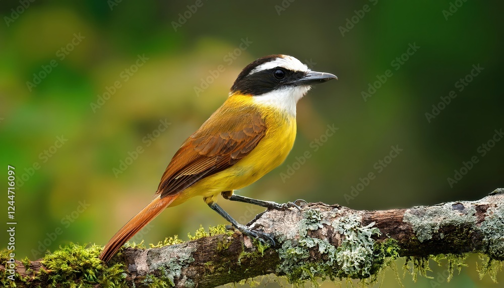Vividly Colored Great Kiskadee Perched on a Tropical Branch, Showcasing its Vibrant Feathers in a Thriving Wildlife Environment Vividly Colored Great Kiskadee Perched on a Tropical Branch, Showcasing its Vibrant Feathers in a Thriving Wildlife Environment