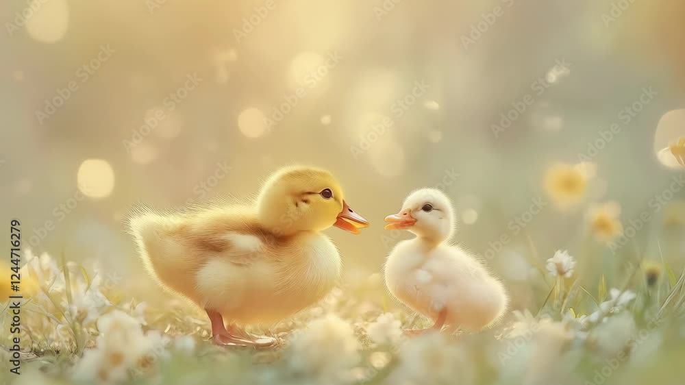 Two cute little ducklings sitting together on green grass with yellow flowers in soft sunlight. Happy Easter concept. Adorable springtime nature scene Two cute little ducklings sitting together on green grass with yellow flowers in soft sunlight. Happy Easter concept. Adorable springtime nature scene