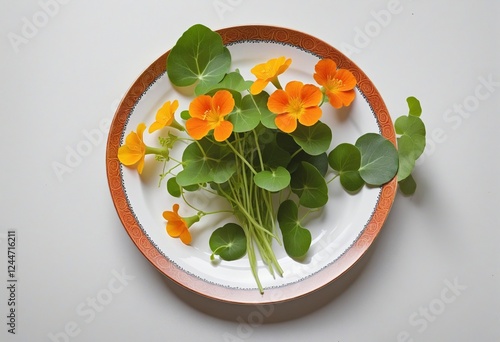 Vibrant Nasturtium Edibles: Fresh Indian Cress Flowers and Leaves Served on a Wooden Kitchen Table photo