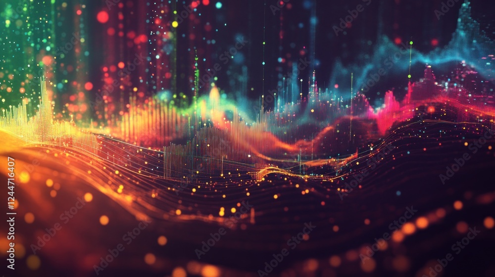 Vibrant dynamic landscape of colorful data points and glowing lines Vibrant dynamic landscape of colorful data points and glowing lines