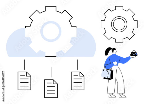 Cloud with central gear connected to documents, woman in blue holding a data symbol. Ideal for cloud computing, data management, business operations, technology solutions, workflow automation