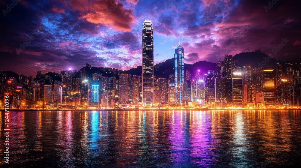 Naklejka premium Night Cityscape With Vibrant Lights Reflected In Water