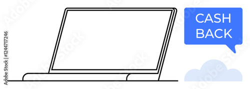 Laptop with a speech bubble saying CASH BACK in blue. Ideal for online shopping, rewards programs, digital marketing, e-commerce, customer incentives, financial savings strategies, and economic