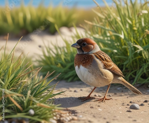Small sparrow-like bird with a brown back and white underside perched on beach grass, white, beach