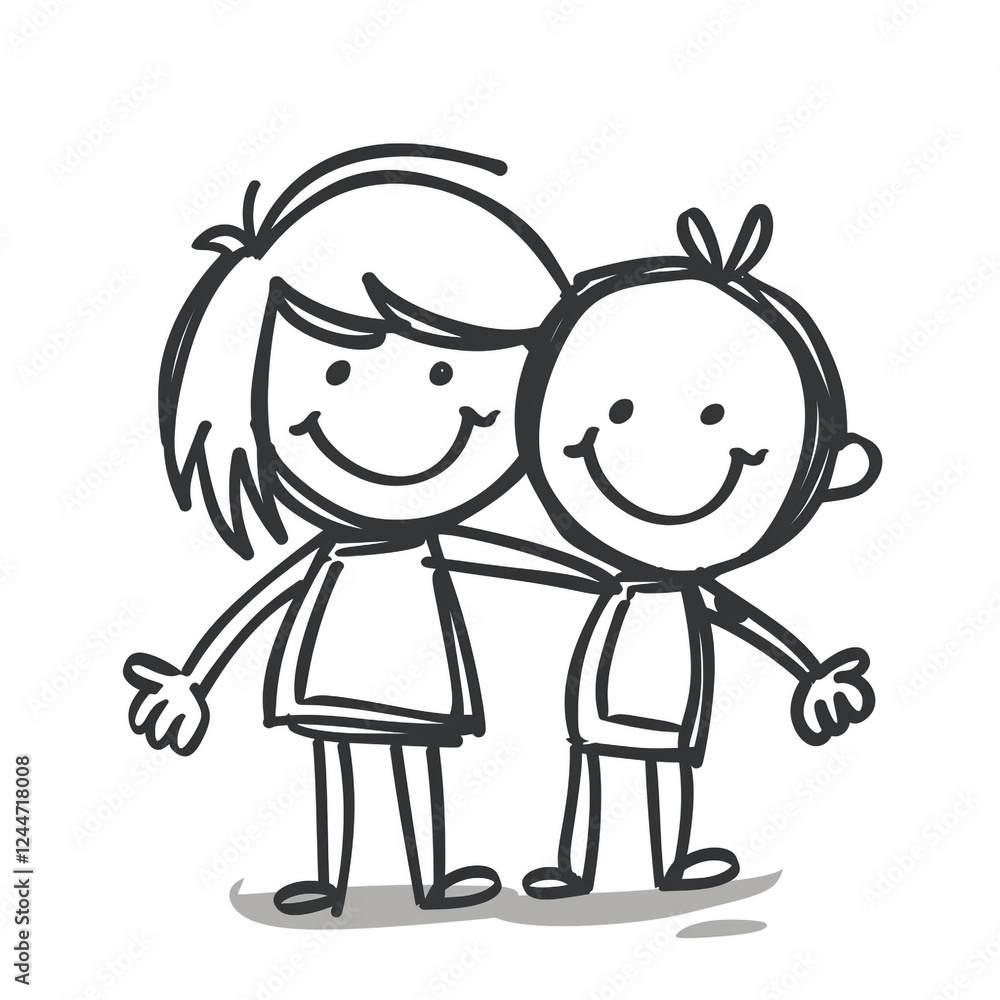A black and white sketch of three stick figures standing side by side, all smiling. The background is plain white. Friendship concept.
A black and white sketch of three stick figures standing side by side, all smiling. The background is plain white. Friendship concept.