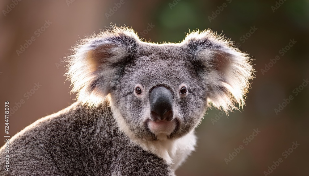 Fototapeta premium Striking Portrait of a Resting Koala in an Australian Eucalyptus Forest, Showcasing the Dappled Light Filtered through Leaves and the Soft Golden Tones of Late Afternoon.
