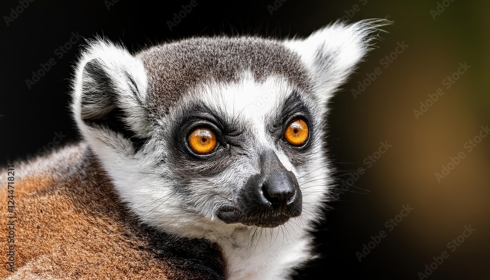 Fototapeta premium VibrantEyed Ringtailed Lemur Frolicking in Wild Madagascar Forest at Dusk, Showcasing the Majesty of Endemic Fauna