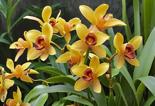 Wallpaper Mural Vibrant Yellow-Orange Cymbidium Devonians in Lush Orchid Garden Torontodigital.ca