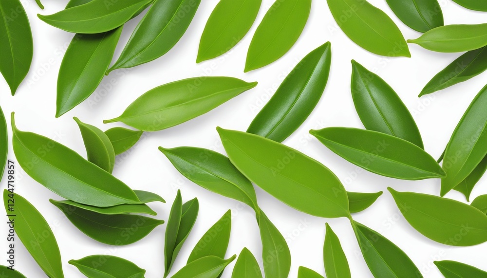 Naklejka premium Fresh Green Tea Leaves on White Background - Herbal Beverage Isolated with Clipping Path