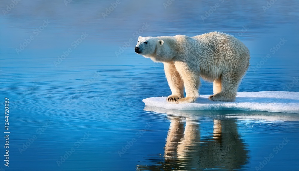 Stark and AweInspiring Polar Bear Standing on an Ice Floe, Mirrored Image Capturing the Plight of Arctic Wildlife and Environment in Stark and AweInspiring Polar Bear Standing on an Ice Floe, Mirrored Image Capturing the Plight of Arctic Wildlife and Environment in