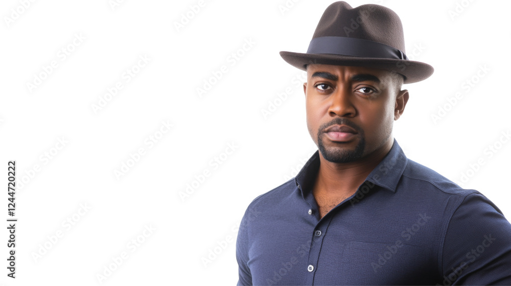 Serious elegant black man wearing hat with transparent background Serious elegant black man wearing hat with transparent background